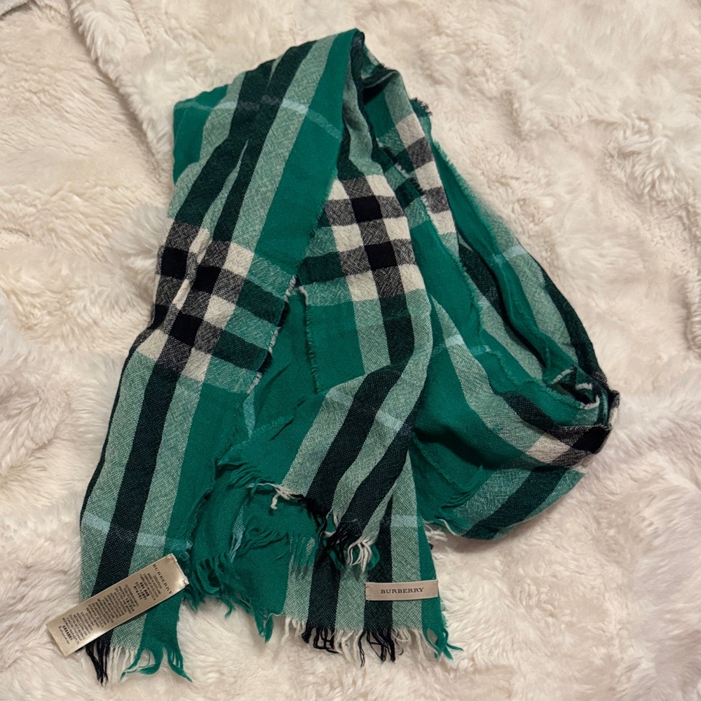 Burberry Emerald and Black Plaid Fringe Scarf